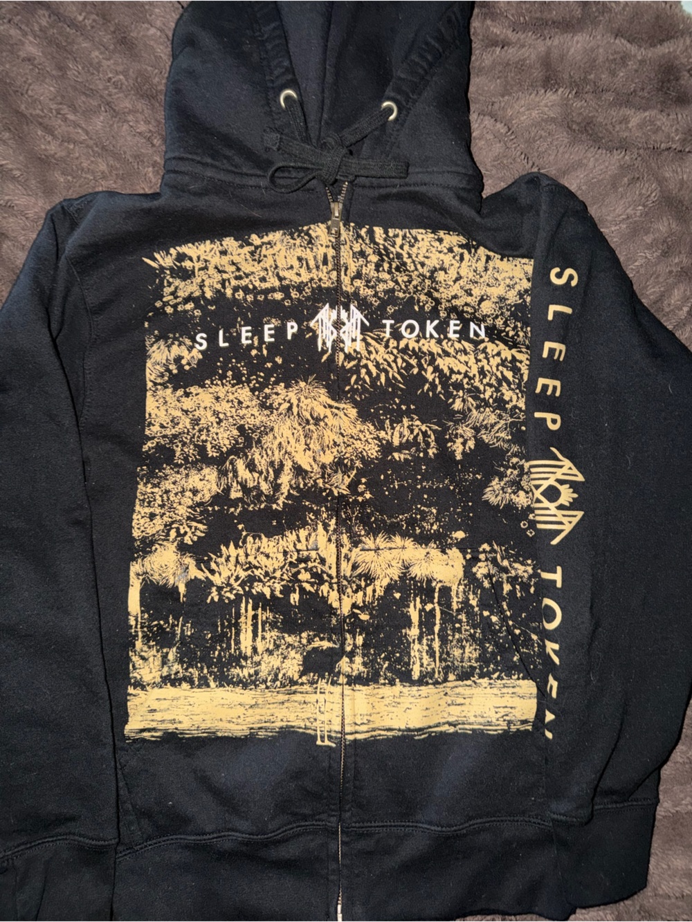 Sleep Token Black Graphic Zip-Up Hoodie with Gold Print